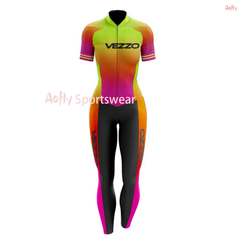 Vezzo Women's Cycling Jumpsuit  Little Monkey For Cyclist Summer Triathlon Equipment Short Sleeve Long Pants Gel Bike Clothes PP