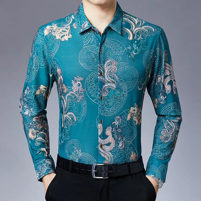 Мужские рубашки с цветочным принтом бирюзовые в стиле барокко длинным рукавом