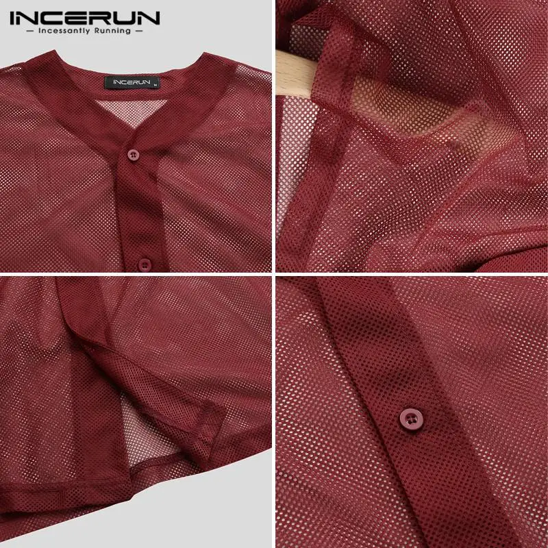 

INCERUN 2021 Men Mesh Shirt Transparent Solid Lapel Short Sleeve Button Party Nightclub Shirts Streetwear Breathable Camisas