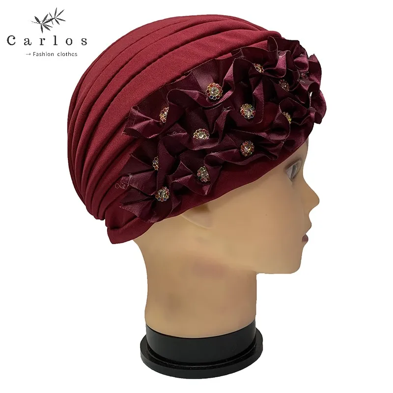 

12 Pcs Fashion Muslim female turban hat bonnet gold velvet hot rhinestone solid Indian beanie hair bonnets cap for women