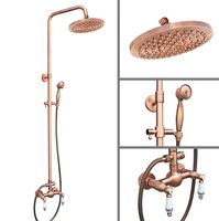 antique red copper brass dual ceramic handles bathroom 8 inch round rain shower faucet set mixer tap hand shower mrg553
