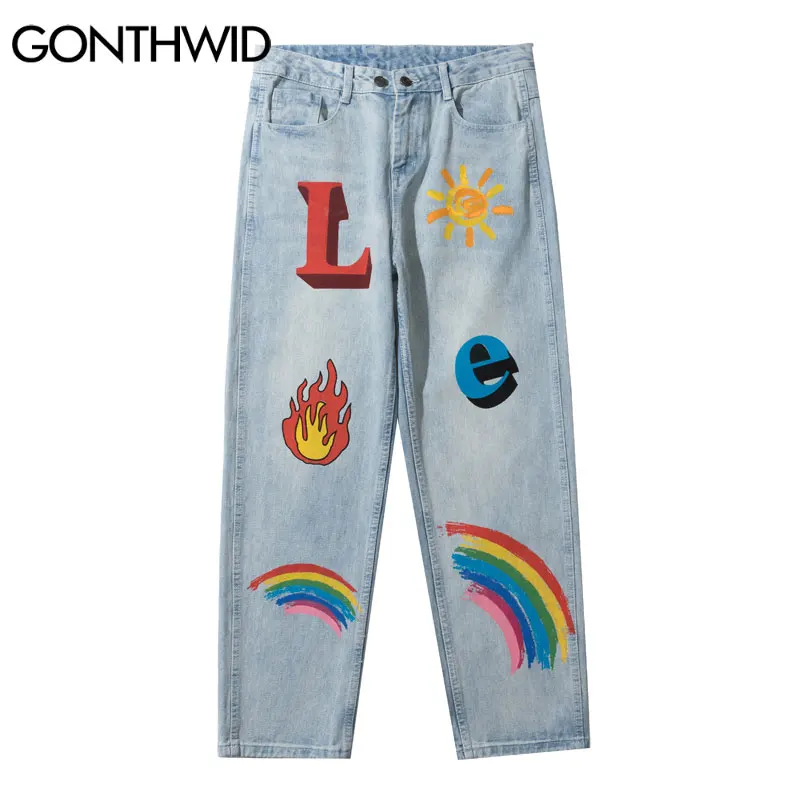

GONTHWID Denim Pants Streetwear Hip Hop Fire Flame Rainbow Print Jeans Mens Harajuku Hispter Fashion Baggy Casual Loose Trousers