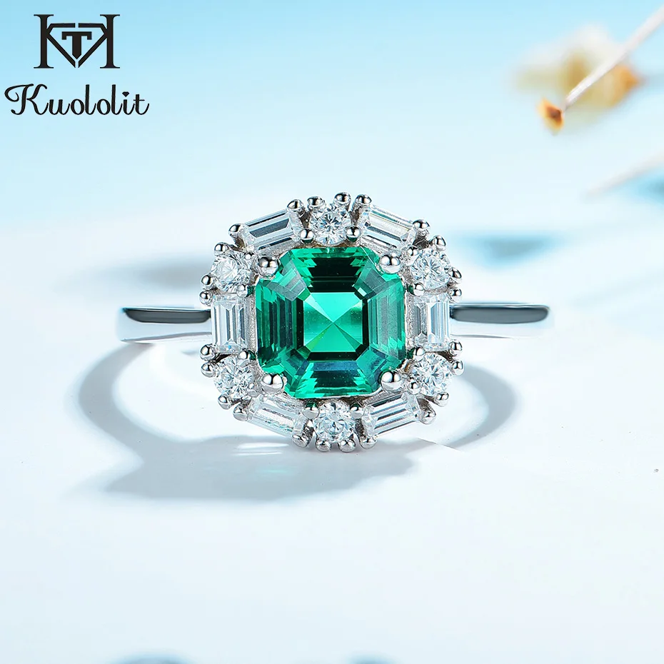 Kuololit Asscher Emerald gemstone Luxury Jewelry Set for Women Real 925 Sterling Silver Green Ring Earrings Bridal | Украшения и