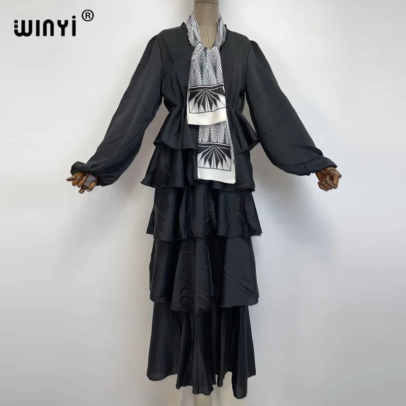 

WINYI зима 2021 высококачественные женские Ретро Свободные повседневные платья с V-образным вырезом и длинным рукавом одноцветные длинные плат...