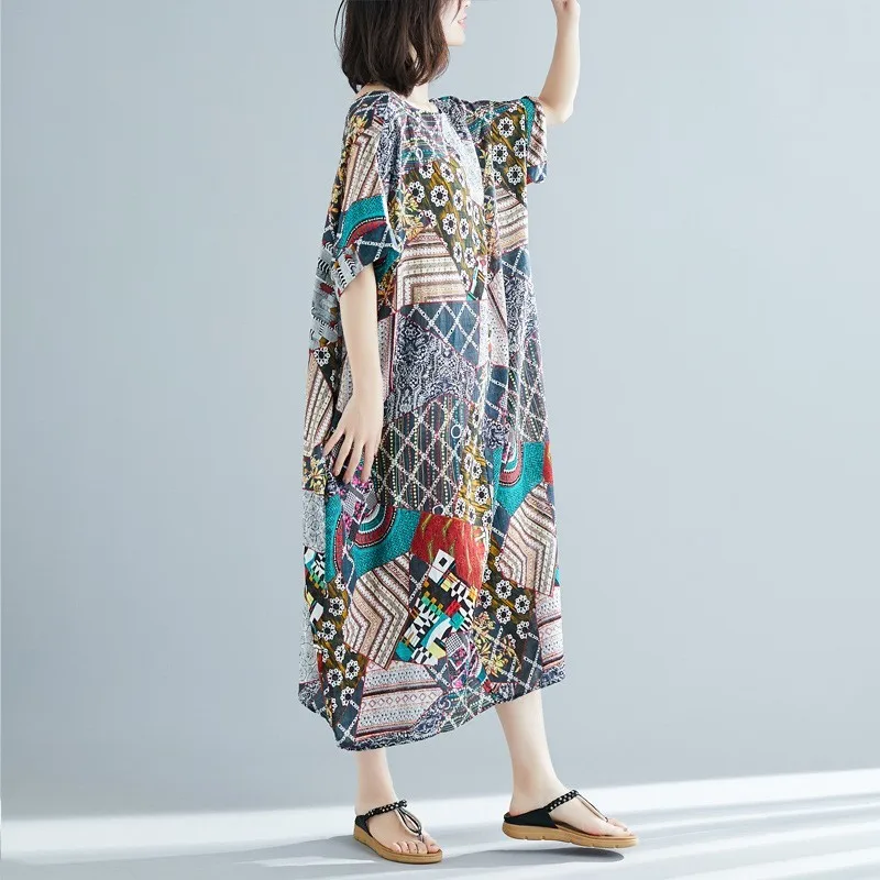 Винтажные народные женские летние длинные платья с принтом пуловер круглым