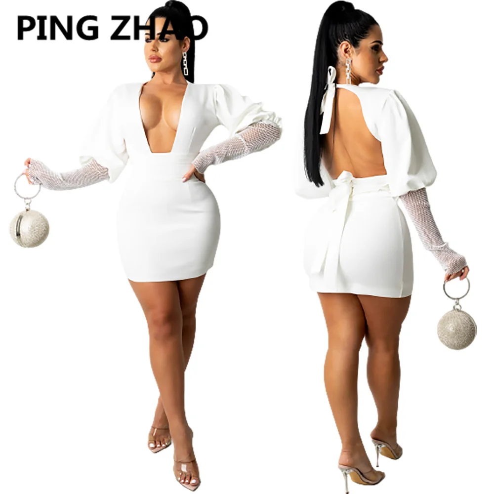 

PING ZHAO Women Mesh Patchwork Lantern Sleeve Open Back Mini Dress Autumn Elegant Bodycon Party Club Dress