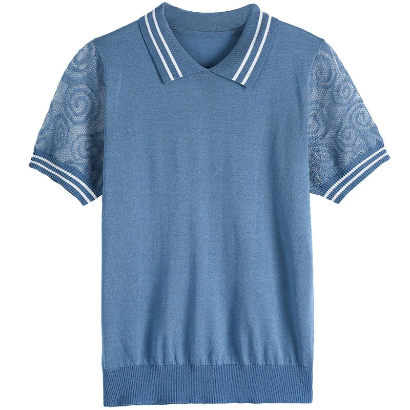 

YISU Thin simple Women Sweater Summer Solid color Lapel Lace Short sleeve Loose Jumper 2021 New Female Casual Knitted Pullover