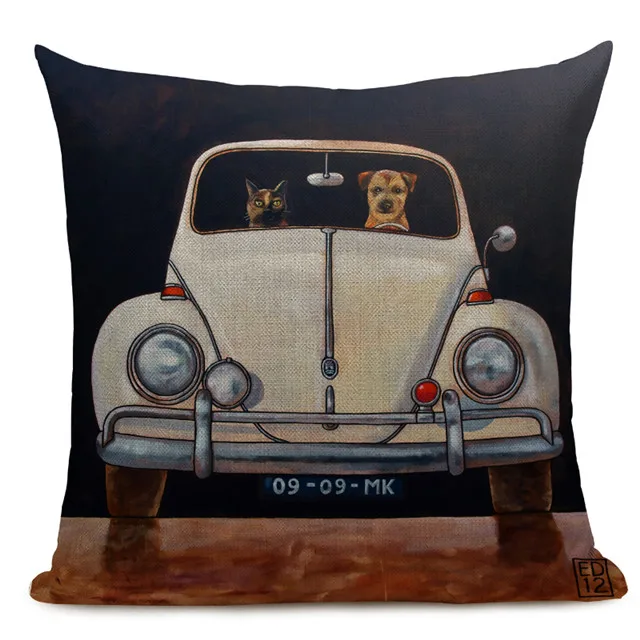 Hot Sale Pillow Lovely Cartoon Dog Cat Color Driving Car Vintage Almofadas 45X45CM Linen Pillow Decorative Linen Cushion Cover - Цвет: 17