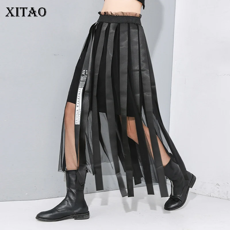Женская Асимметричная юбка XITAO сетчатая Комбинированная с поясом на резинке