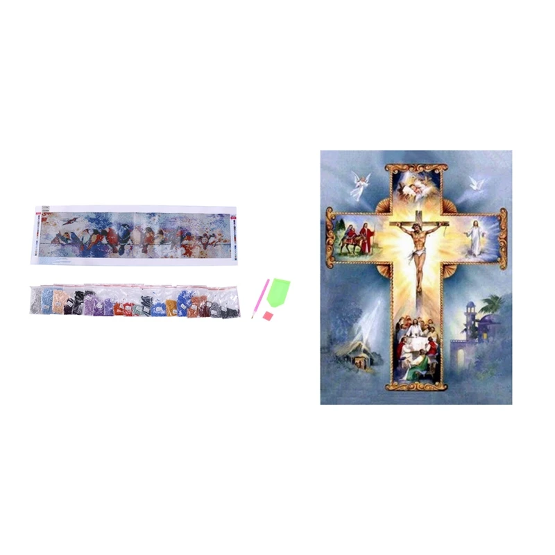 

2 Set 5D Diamond Painting Cross Stitch Home Decoration, Cartoon Birds & Religious Diamond Crucifix
