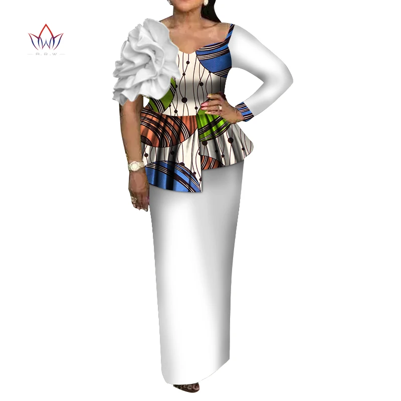 Africa Style Women African Clothing FlowersTop And Skirt Set Bazin Riche New Africa Dashiki Plus Size African Clothing WY3550
