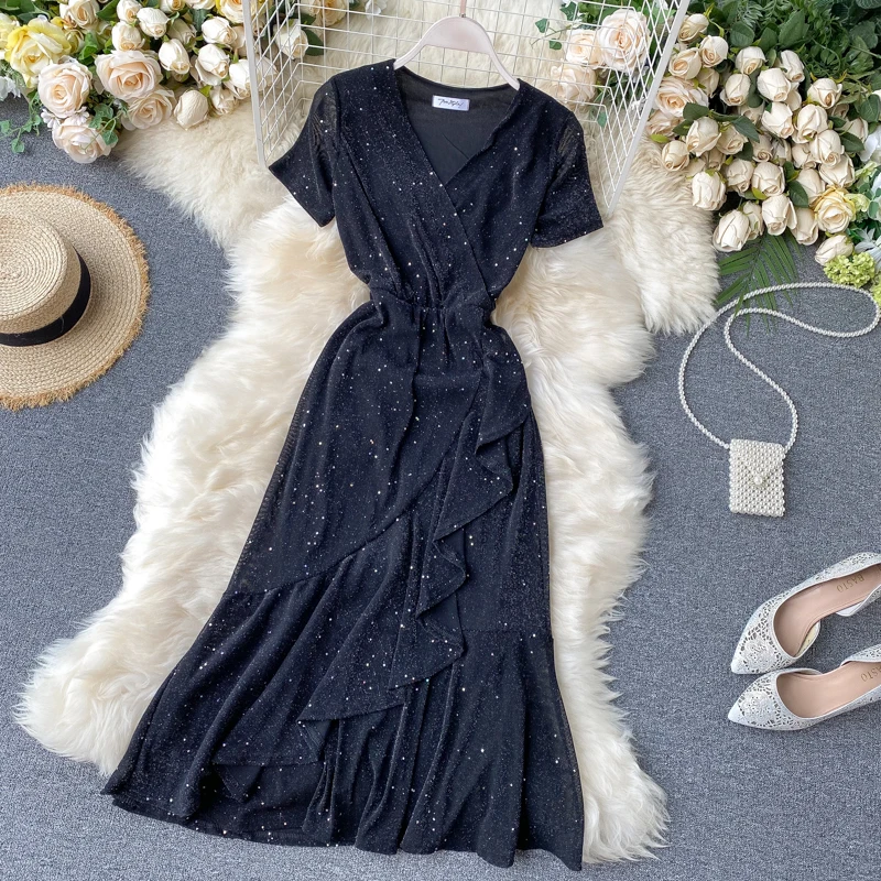 SINGRAIN Для женщин летние нерегулярные оборками платье миди отделанные блестками