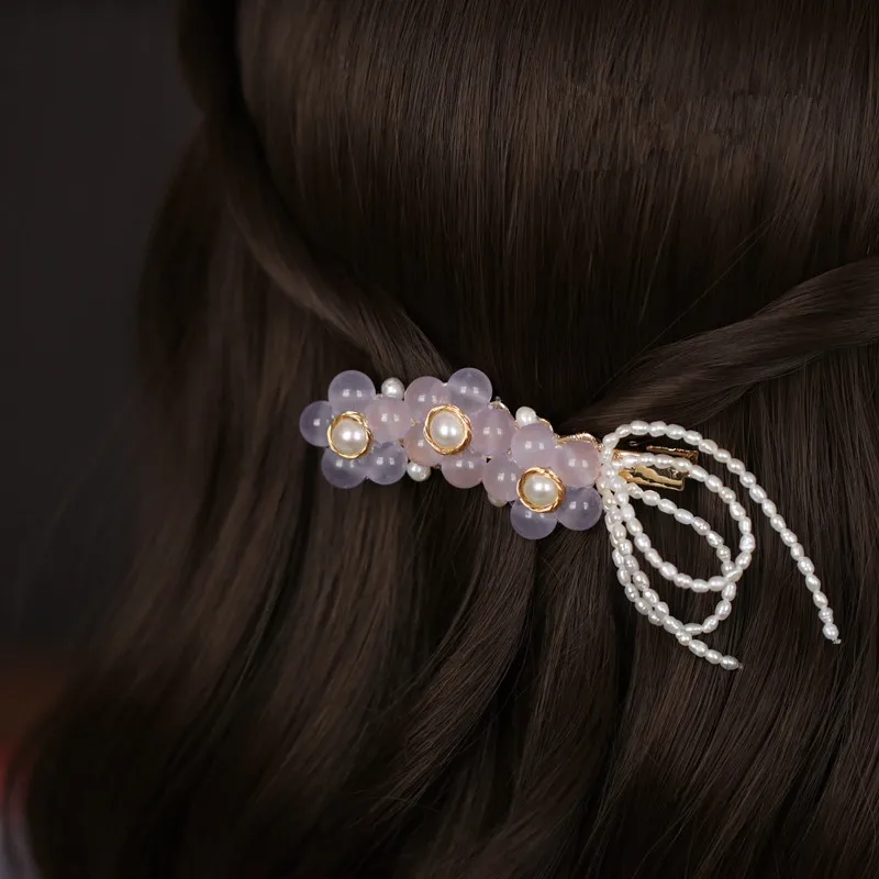 

FXLRY Original Handmade Natural Pearl Flower Chalcedony Hairpin Side Clip Bangs Hairpin Headdress