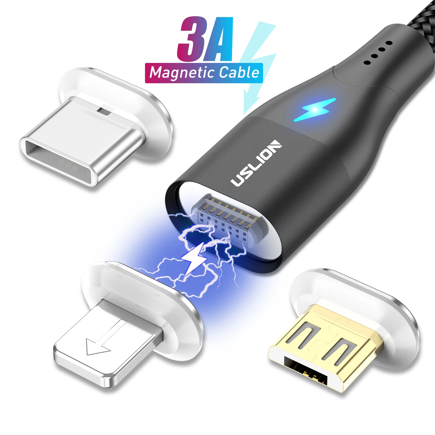 USLION 3A USB кабель Магнитный зарядный для iPhone 11 Micro Быстрая зарядка samsung S9 type C