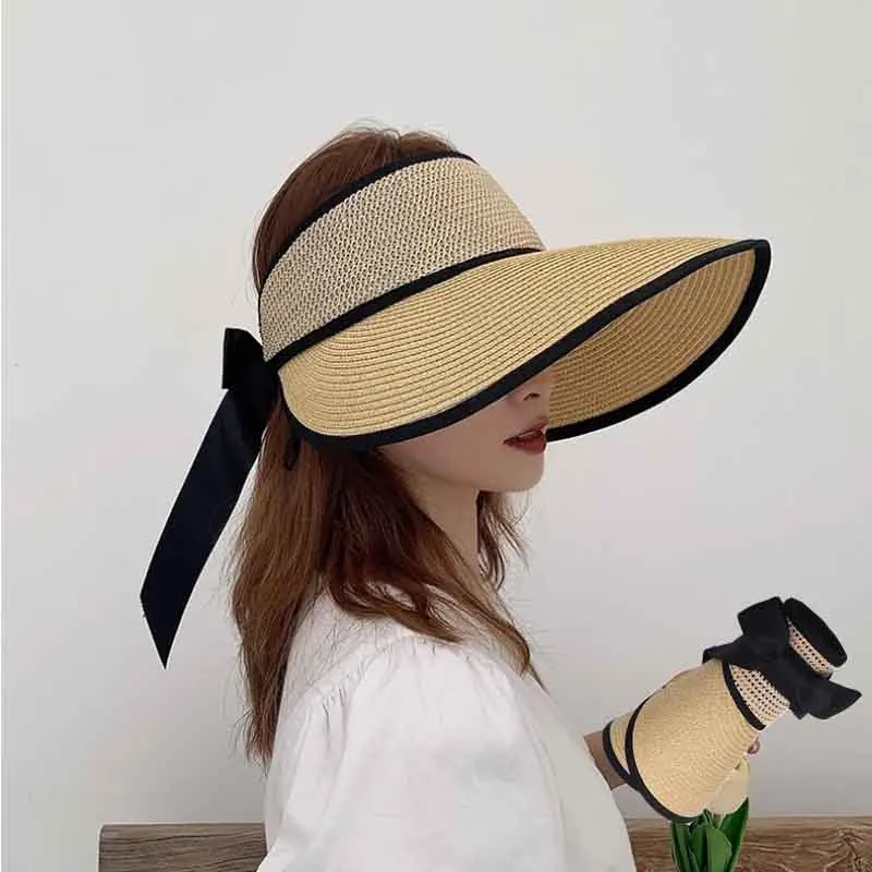 

2021 New Summer Straw Hats For Women Beach Hat Empty Top Female Sun UV Protection hat Foldable chapeau Girl Bowknot Cap