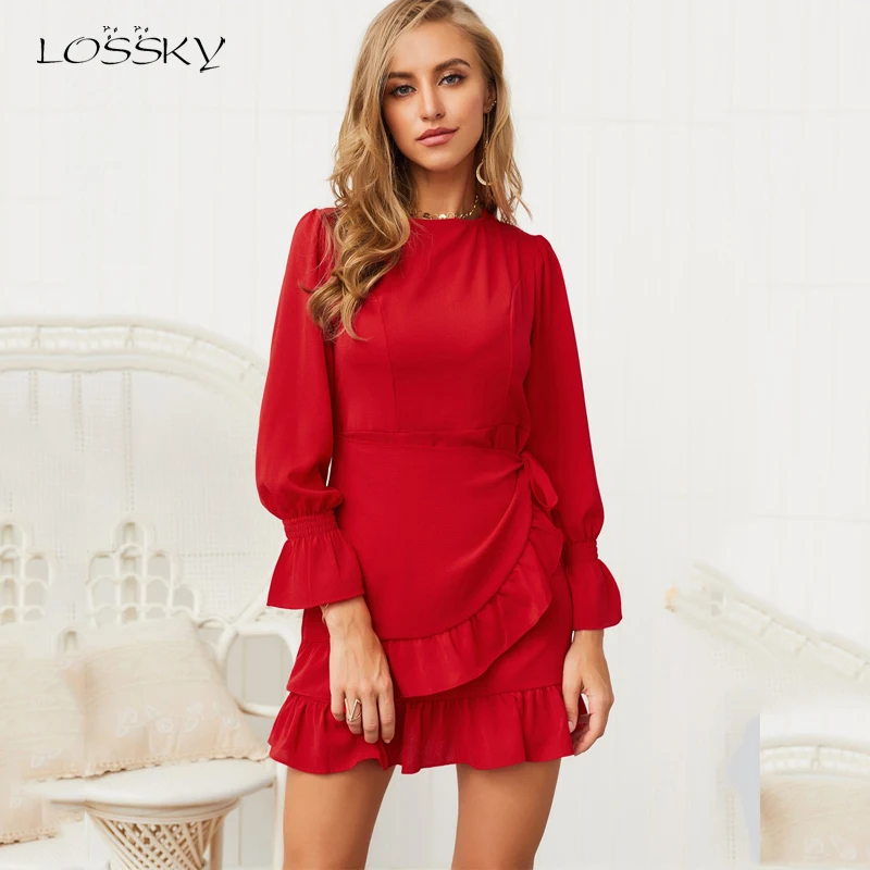 Платье Lossky женское с длинным рукавом короткое мини модное Осеннее Дамское