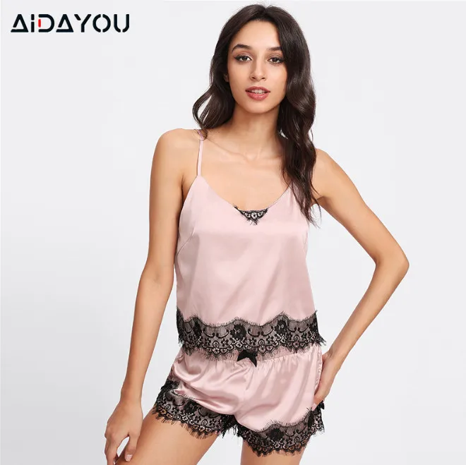 AIDAYOU для женщин пижамный комплект розового цвета Короткие шелковистые Спагетти