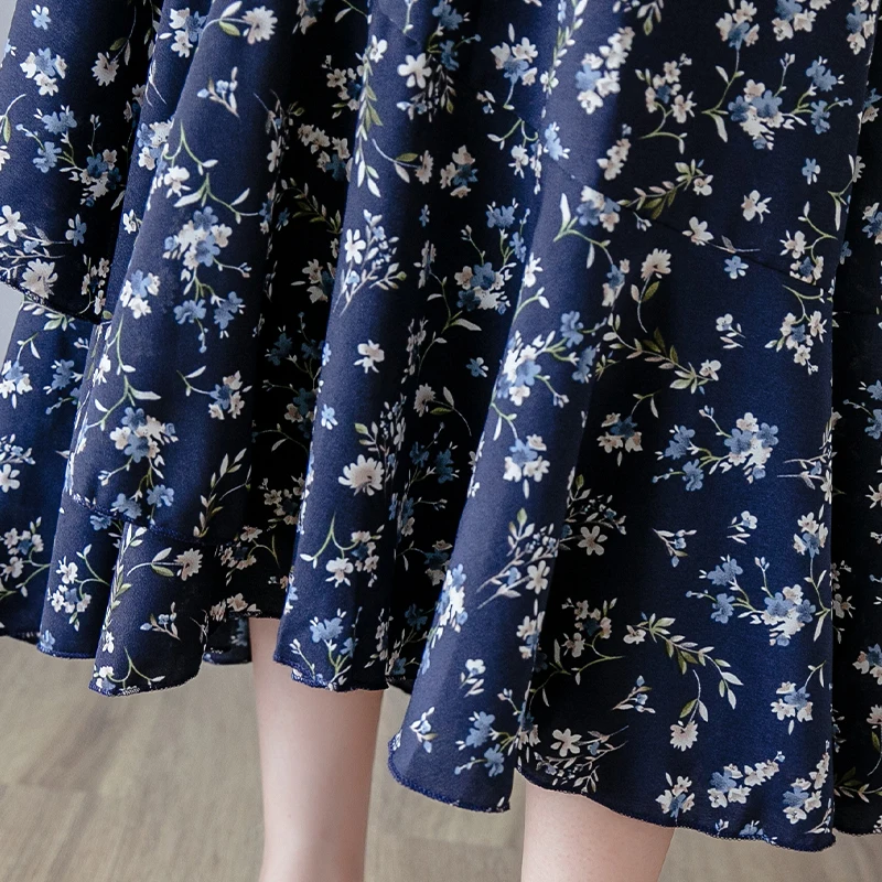 

Summer Chiffon Ruffles Skirt Fashion Elegant Blue Flower Print High Waist A-Line Faldas De Mujer Casual Korean Skirts for Women