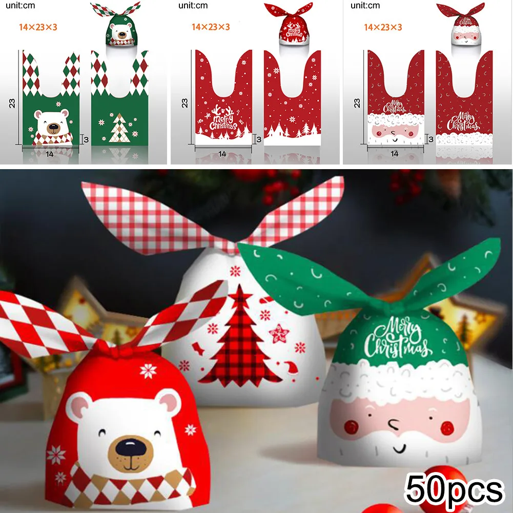 

50pcs Christmas Bags Candy Cookies Wrapping Bag Bunny Ear Presents Xmas Packing Multi-styles 2022 New Year Exquisite Gift Boxes