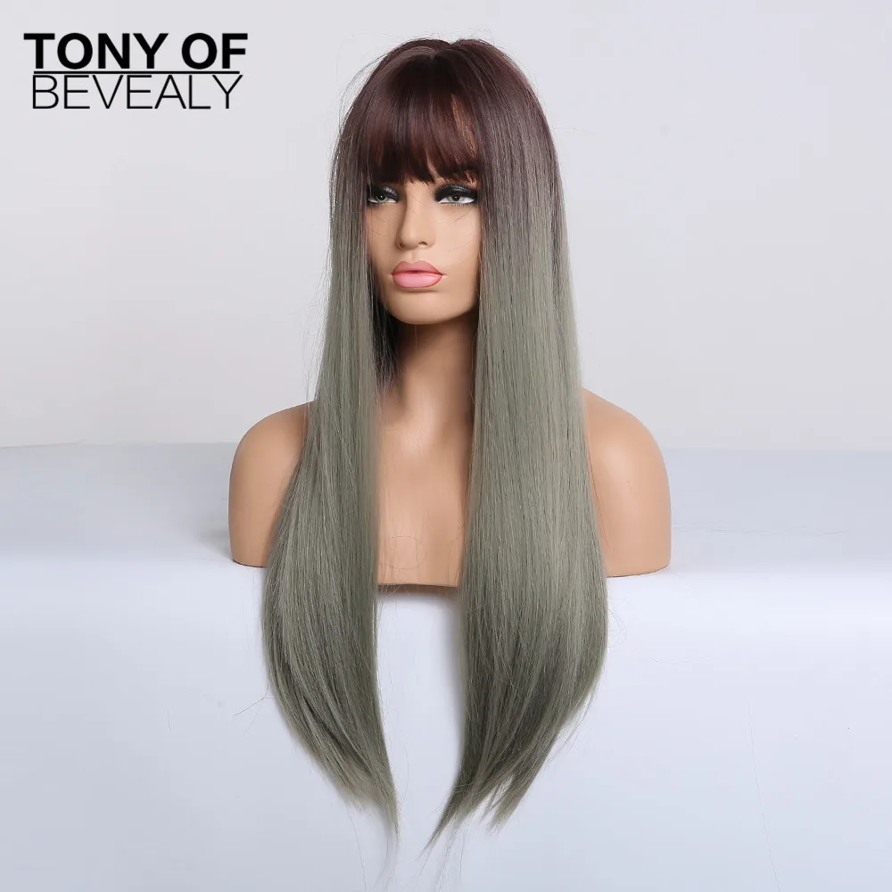 Длинные прямые синтетические парики коричнево синие серые волосы омбре с челкой
