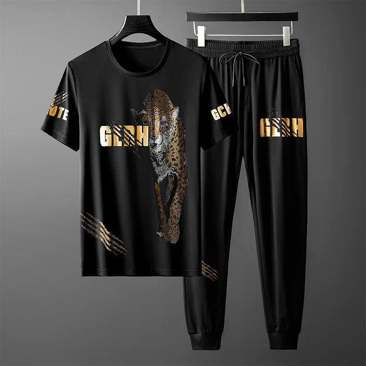 

European Goods Men's Casual Sports Suit Rhinestone Leopard Trousers Short Sleeve Two-Piece Suit Handsome Man Trendy Silk Summer