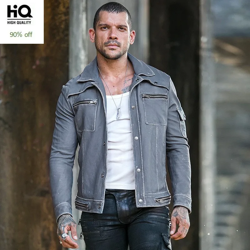 Винтажная тонкая мотоциклетная куртка из натуральной кожи Мужская Осенняя