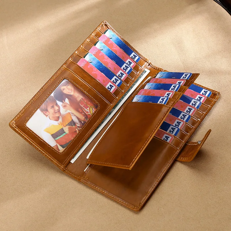 

Кошелек из натуральной кожи в винтажном стиле с ручными картами, мужской античный кошелек Crazy Horse, Длинный кошелек из коровьей кожи, большая емкость, держатель для карт, сумка