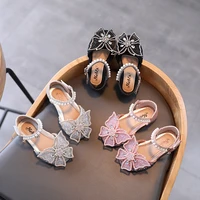 2021 large crystal bow tie kids shoes for girl princess beading mary jane shoes bling prom children girls designer shoes e03121