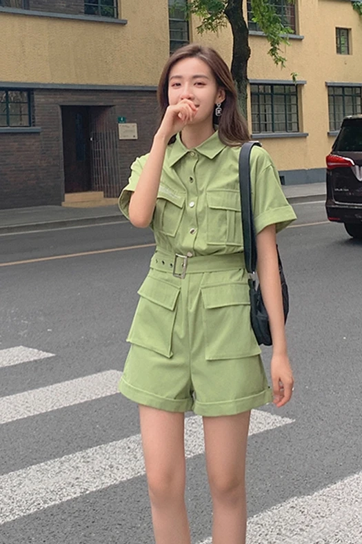 

Summer Rompers for Women Short Sleeve Slim Multi-pockets Streetwear Gothic Safari Style One Piece Shorts Overalls Jumpsuits 2021