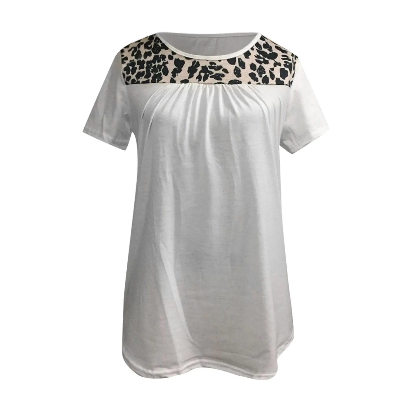 

40# Elegant Leopard Print Women Shirt Vintage Casual Round-Neck Summer Stitching Blouse 2021 Short-Sleeved Blouses Chemise Femme