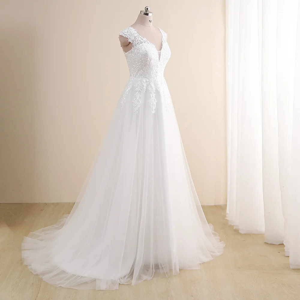 Amazing Wedding Dress Plus Size New Arrival V neck Cap Sleeve A Line Wedding Gowns Tulle Lace Applique Robe De Mariee Gown bridal shower dress