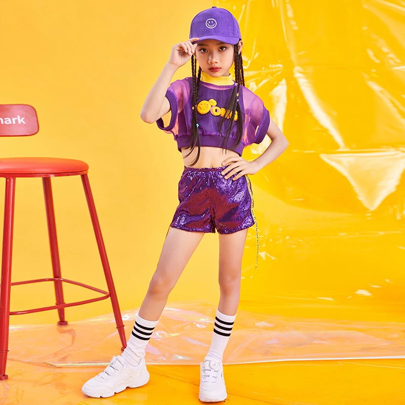 

2020 Jazz Dance Costumes Girls Sequined Short-Sleeved Shirt Shorts Cheerleader Outfit Kids Sequin Hiphop Clothing Stage Wear