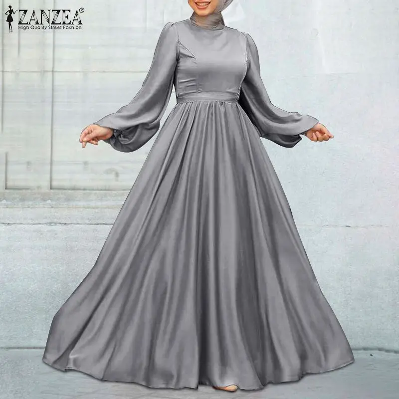 

Dubai Turkey Abaya Hijab Dress ZANZEA Women Puff Sleeve Silk Stain Muslim Dress Plus Size Islamic Elegant Solid Party Dresses