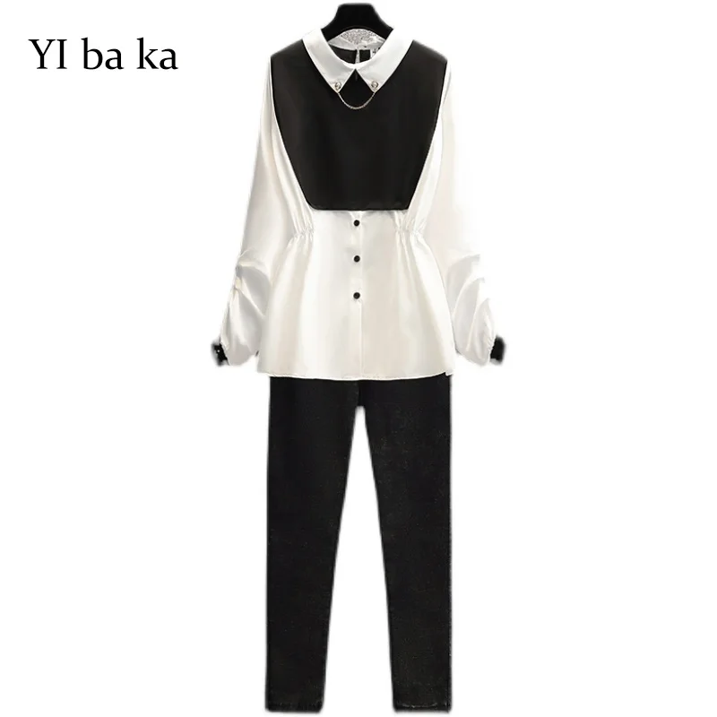 

Plus Size Women Clothing Autumn Long Sleeve Patchwork Blouse And Long Pants Sets Office Ladies Elegant Two Pieces Set Korean Set