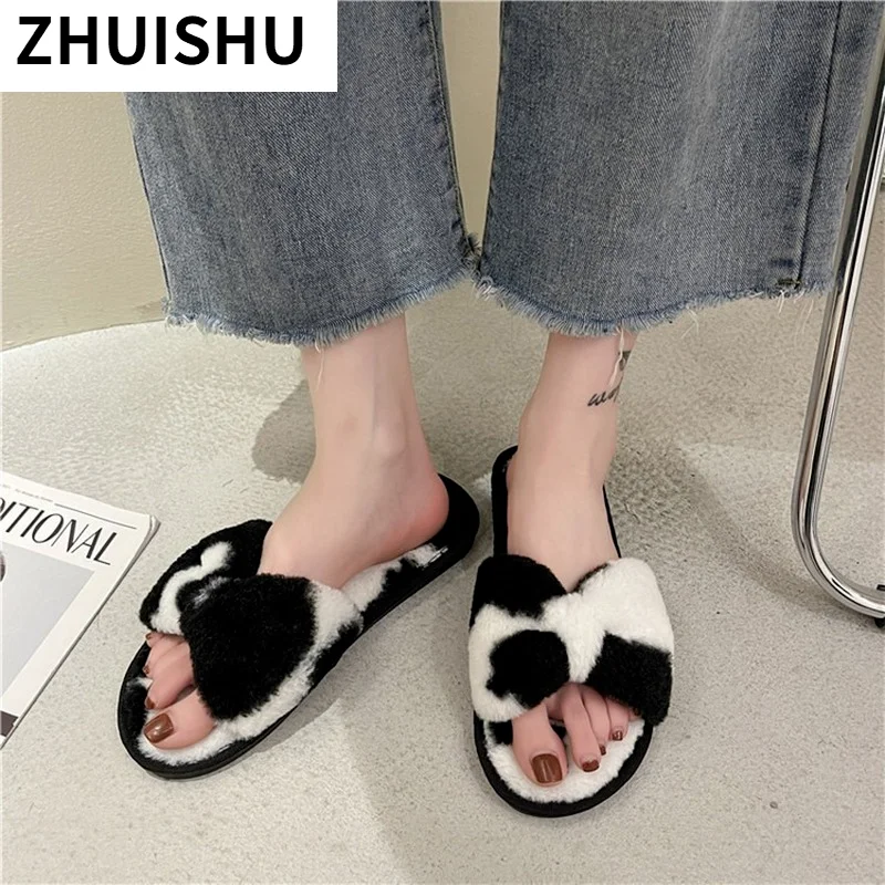 

Women Home Slippers with Faux Fur Flats 1.5cm Heel Winter Shoes Comfortable Cow Pattern Keep Warm Shoes for Woman Basic 36-41