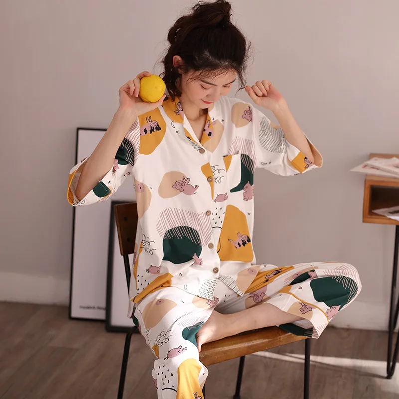 

Pajamas Women Autumn Comfortable Cotton Three-quarter Sleeve Trousers Cardigan Korean Style Cute Cotton Loose Plus Size Homewear