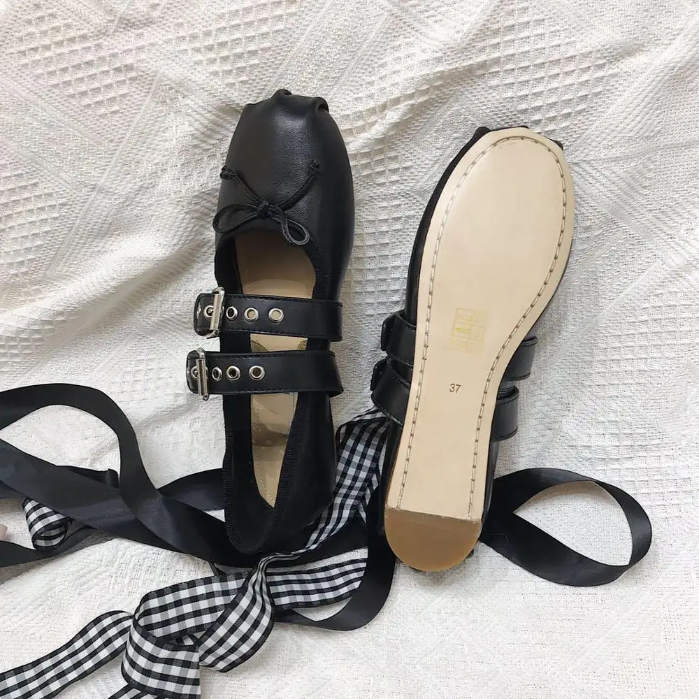 

Ballet Flats Double Buckles Decor Elegant Bowknot Genuine Leather Flat Shoes Woman 2021 New Casual Sheepskin Mary Jane Shoes