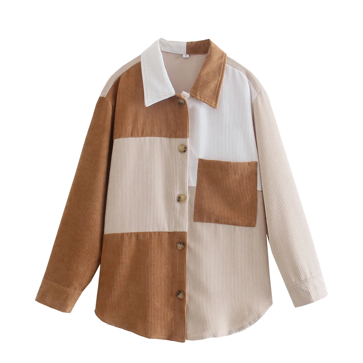 

KRSB Autumn Women's Brown Lapel Single-Breasted Long-Sleeved Corduroy Fabric Stitching Design Loose Shirt Jacket Casual Street