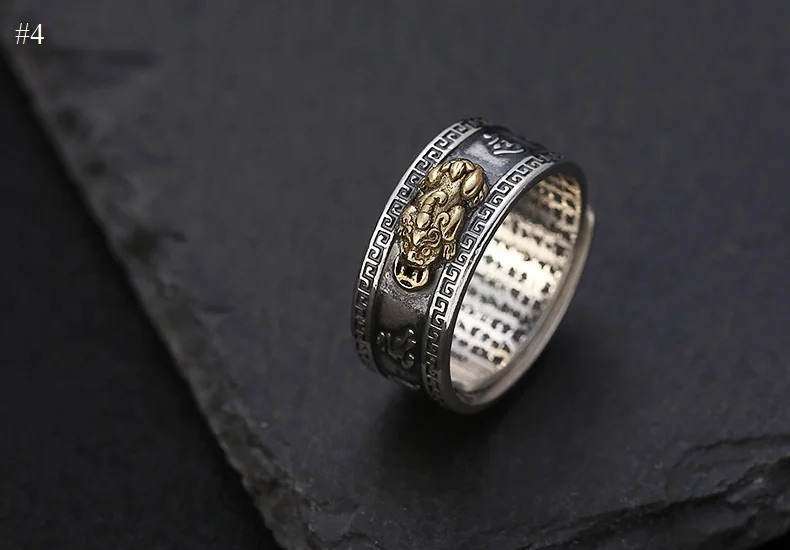 100% 925 Silver Tibetan Six Words Buddhist Sutra Ring Power Dragon Wealth Pixiu Ring Good Luck Man Ring Resizable images - 6