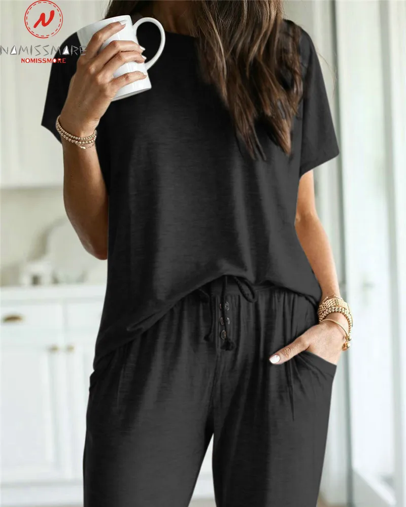 

Women Solid Color 2 Piece Outfits Drawstring Design Pockets Decor Mid Waist Casual Loose Long Pants+Short Sleeve O-Neck Top