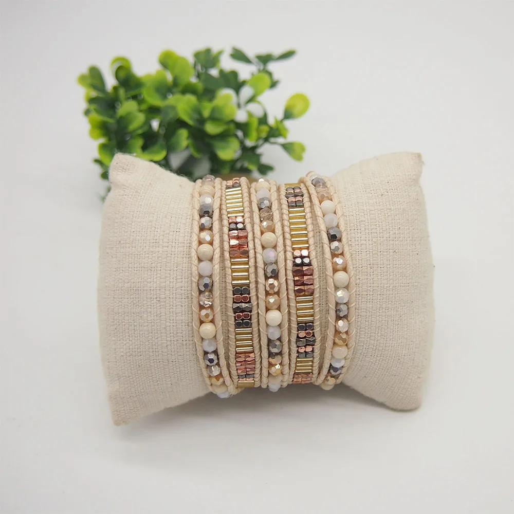 

Natural Stone Crystal 5Times Wrap Beacelets with Beige White Mix Wrap Miyuki Beadwork Bracelet Jewelry Gift for Women Girls Mom