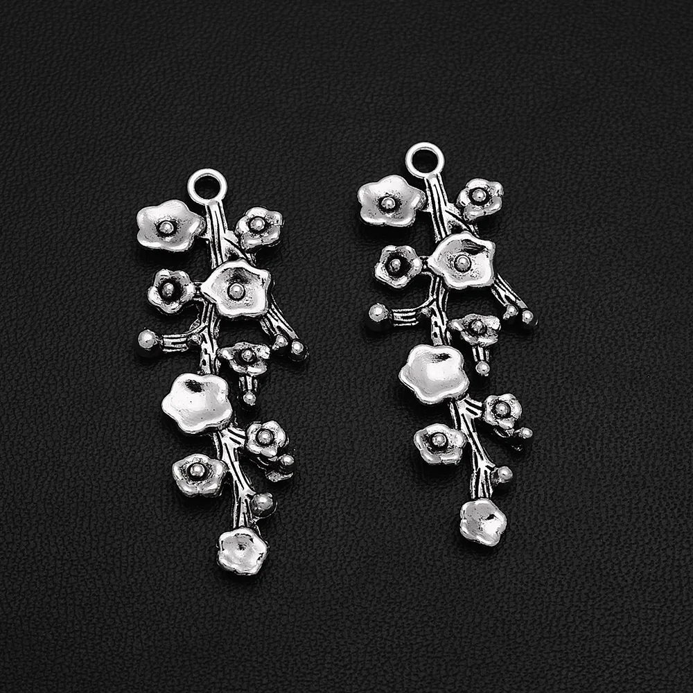 

5pcs/Lots 17x42mm Antique Silver Plated Flower Branch Charms Peach Cherry Blossom Pendants For Diy Fashion Jewellery Finding