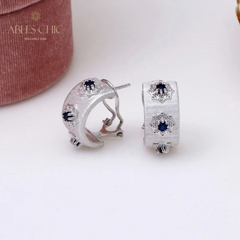 

6prs 925 Sterling Silver Silk Pattern Prong Sapphire CZ Hoop Earrings Flower Nature Theme Wide Clip on Stud Earring C11E4S25332