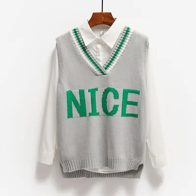 

Spring 2020 Student Vest Fashion Korean Style V-neck Knitted Sweater 4 Color Casual Loose Sweater Letter Embroidery Vintage Vest