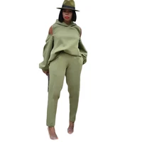 winter warm long sleeve hooded sweater set casual pants two piece set 2021 new womens open back green slim tracksuit outfits