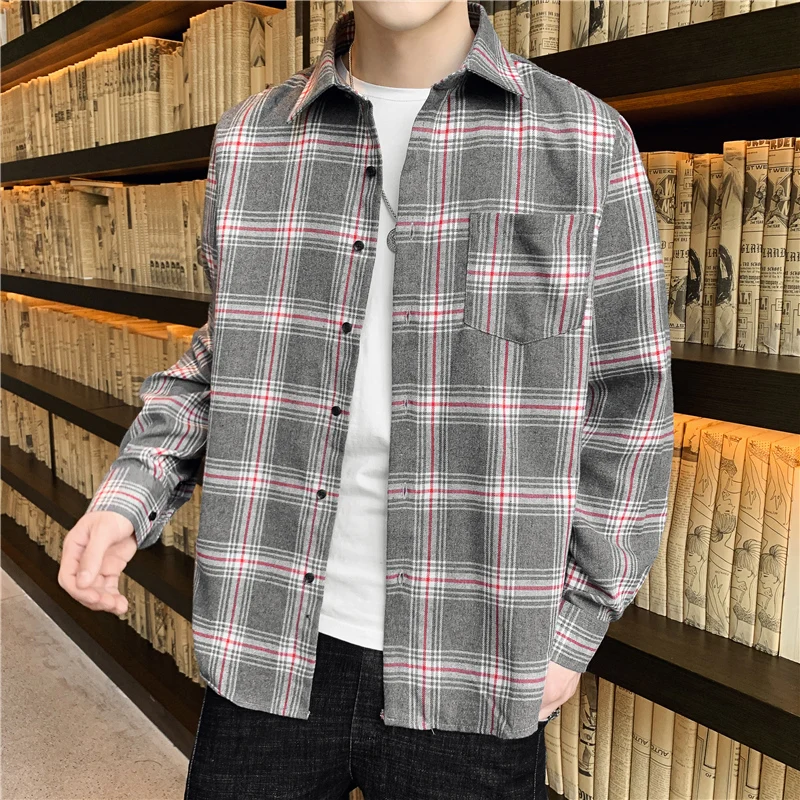 Новая весенняя Мужская рубашка с длинным рукавом модная клетчатая Молодежная