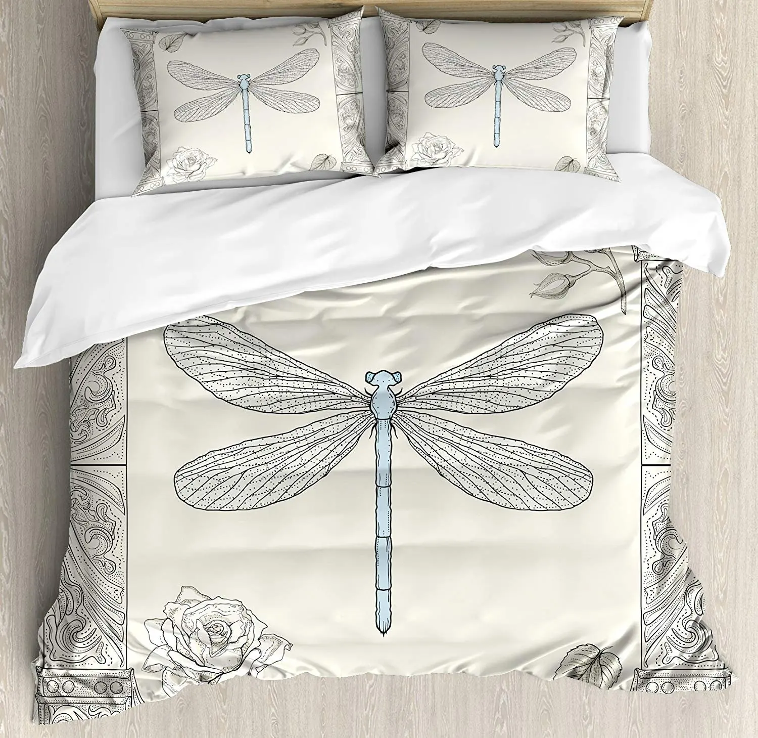

Dragonfly Bedding Set Hand Drawn Royal Ancient Style Rose Petals Leaves and Ornate Figures Design Duvet Cover Pillowcase