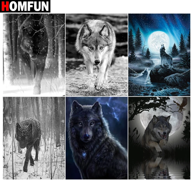 HOMFUN DIY Diamond Painting &quotWolf night moon&quot Full Drill Square Round Embroidery 5D Cross Stitch Decoration Home | Дом и сад