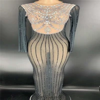 r70 sexy singer perform black rhinestones long women dress mesh crystal see through one piece outfit party wears long sleeve dj