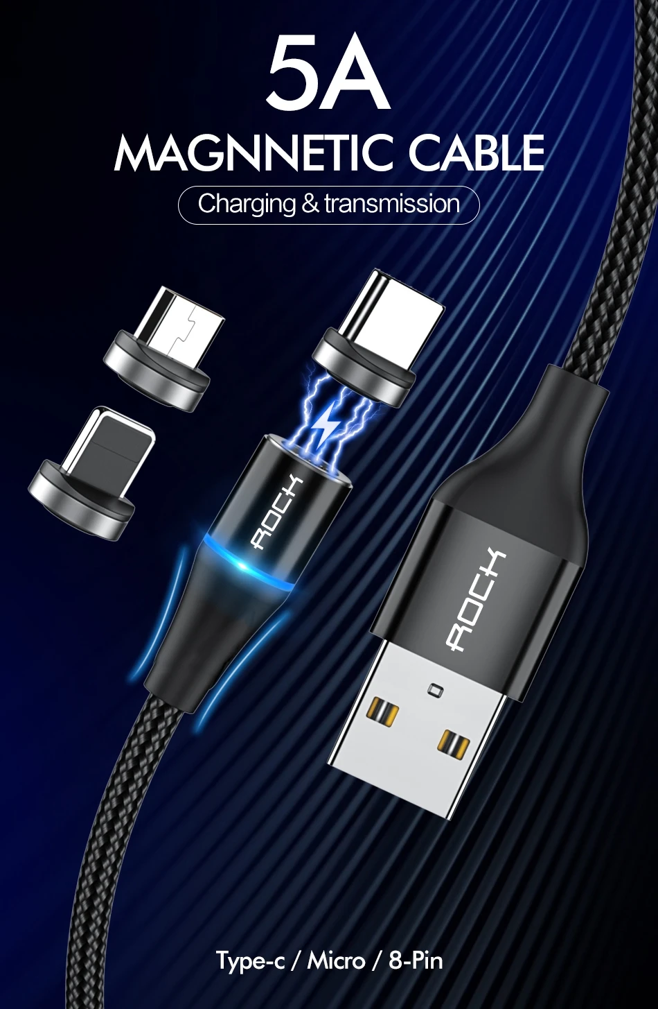 ROCK 5A Магнитный кабель Micro Usb type C супер быстрая зарядка телефона Usb C светодиодный светильник для iPhone Xiaomi huawei Android Phone 1 м 2 м